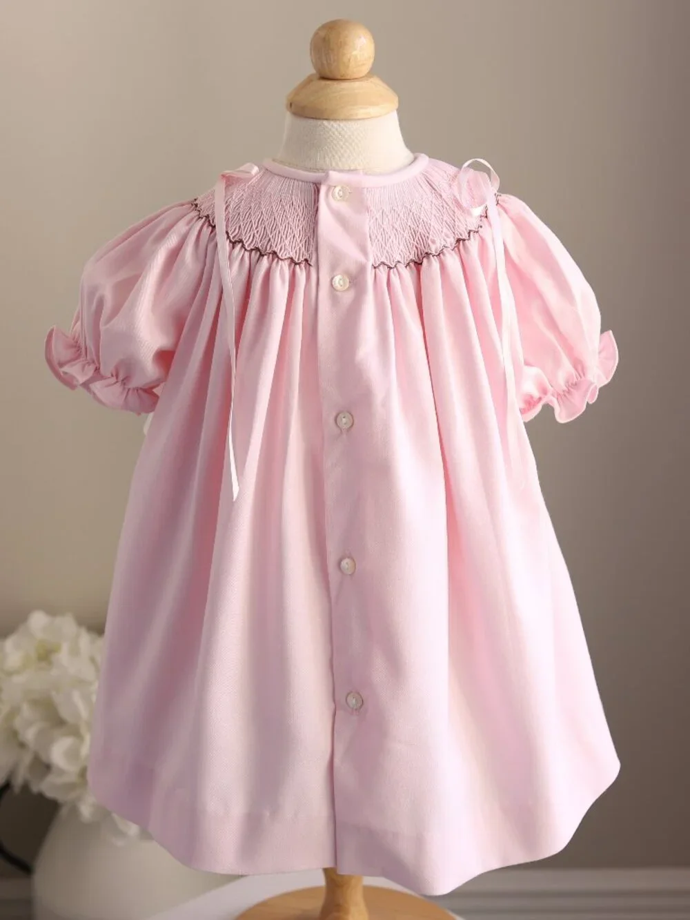 Pink Smocked Bishop Dress Luli & Me Satin Ribbon Bow Shoulders  12M Like New